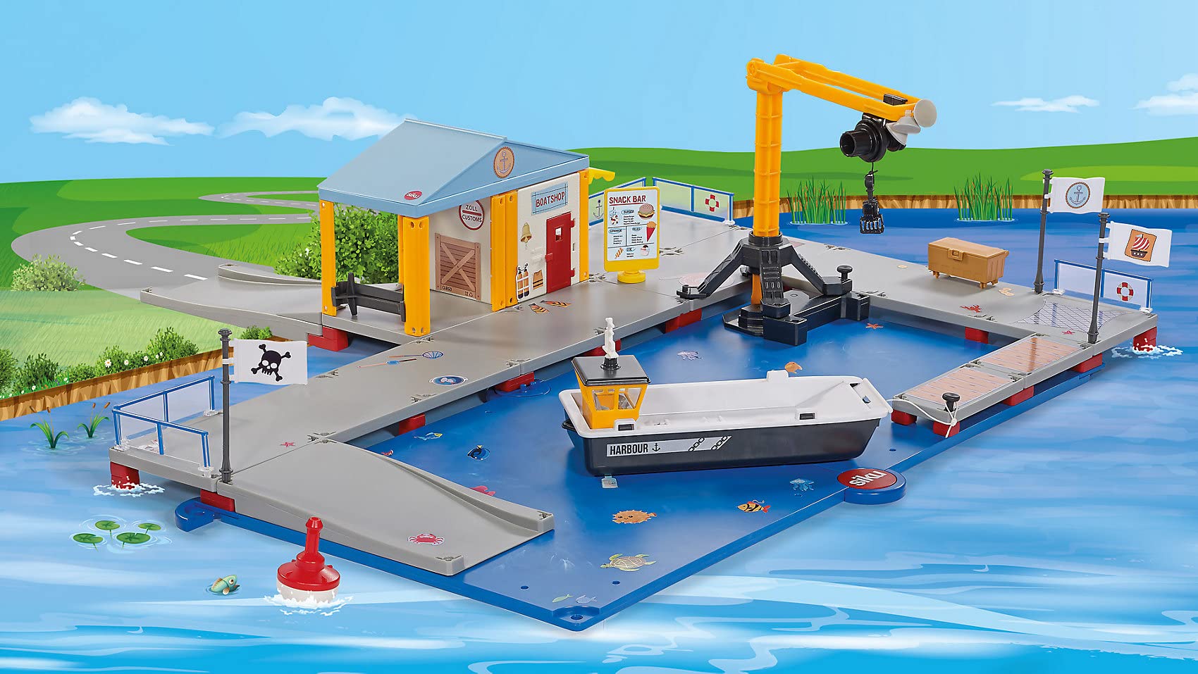 Siku 5512, Anlegestelle, Kunststoff, Multicolor, Spielkombination 2 Grundplatten, Arbeitsboot, Bojen, Imbissbude, Steg, Kran, Zum einfachen Zusammenstecken