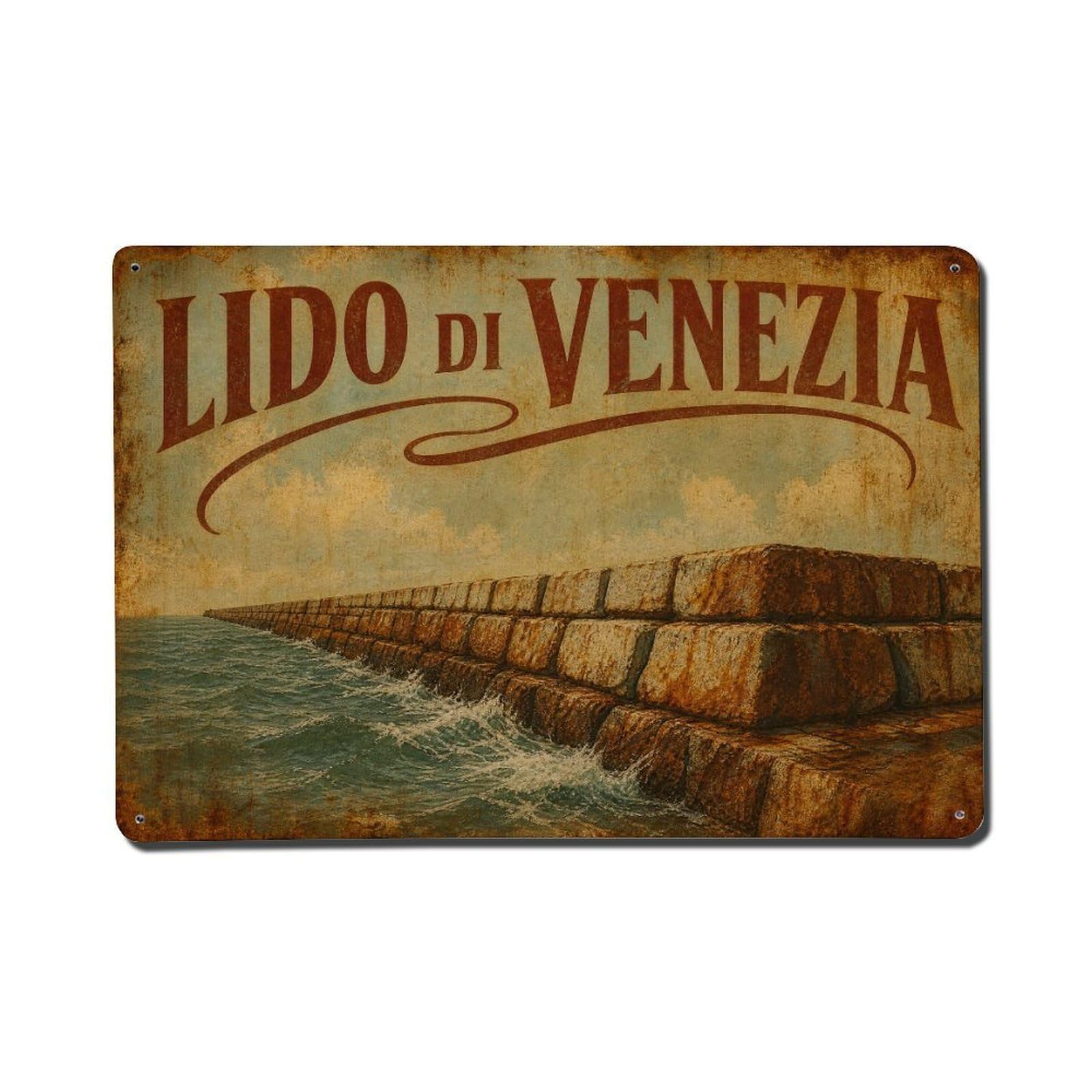Vintage Travel Lido Venezia Breakwater Stone Jetty Italy Metal Tin Sign