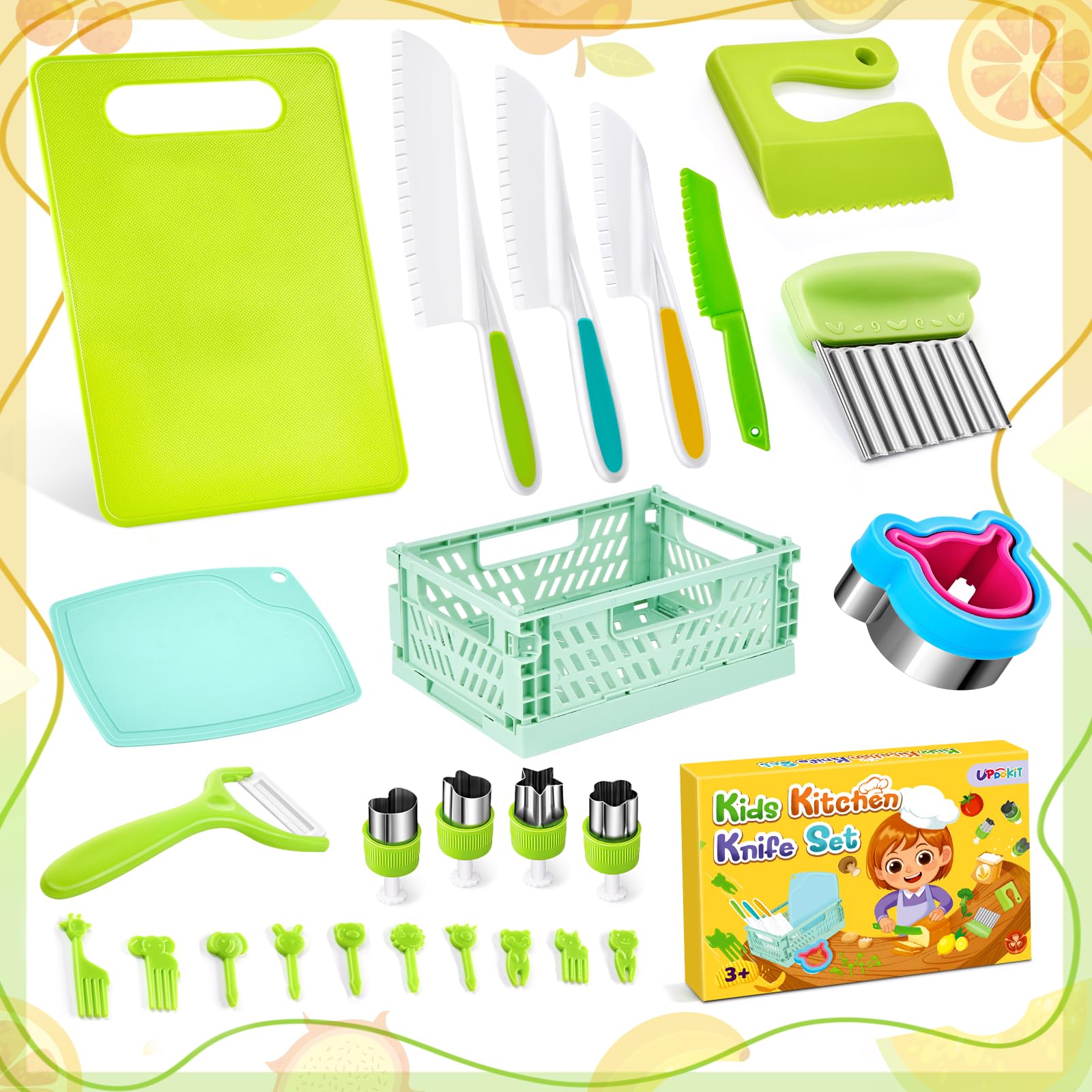 Couteaux de Cuisine pour Enfants Kit, 26 Outils de Cuisine pour Enfants, Comprenant un Couteau de Chef, un Coupe-fruits, un Panier de Rangement et Plus Encore, Parfait pour les Petits Chefs