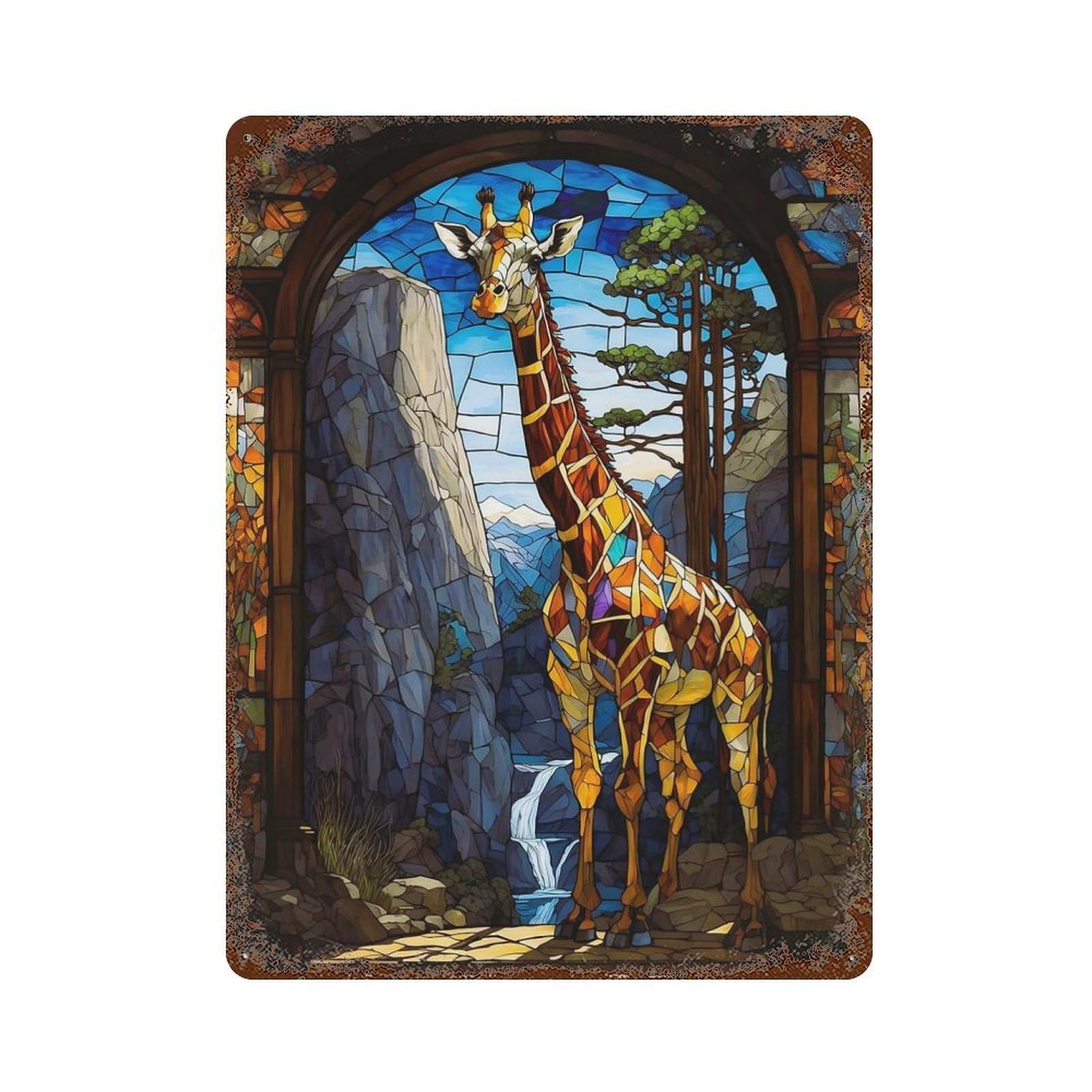 Giraffe Stained Glass Vintage Rust Metal Sign 15.7"x11.8", Shabby Chic Decor for Garage, Pub Or Kitchen