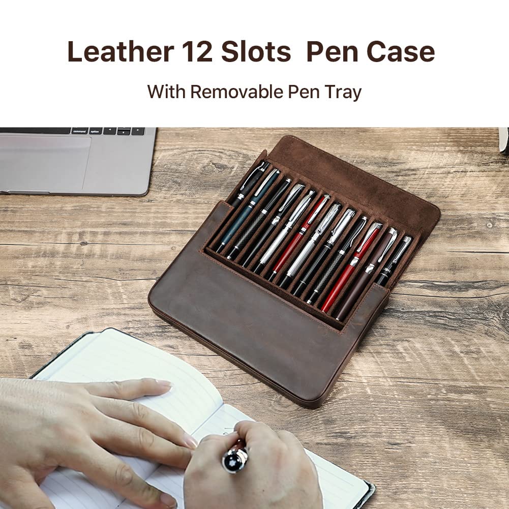 CONTACTS Leather 12 Pen Case Holder,Large Brushes Pencil Display,Pen Protective Travel Sleeve,Old School Elegant Desk Accessory Organizer Box - Image 3