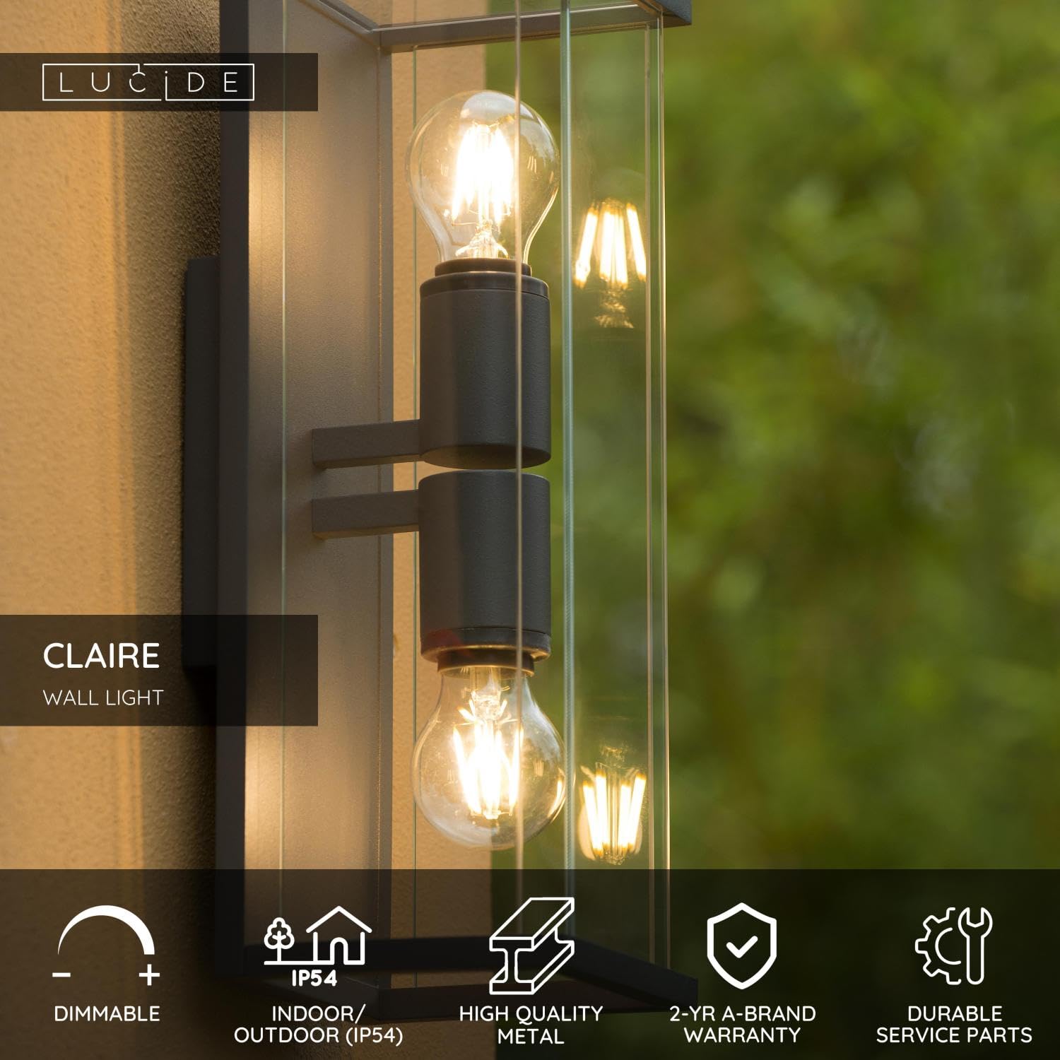 Lucide Claire – Lampada da parete esterna – IP54 – Nero, Vetro, nero, E27 15 wattsW 230 voltsV