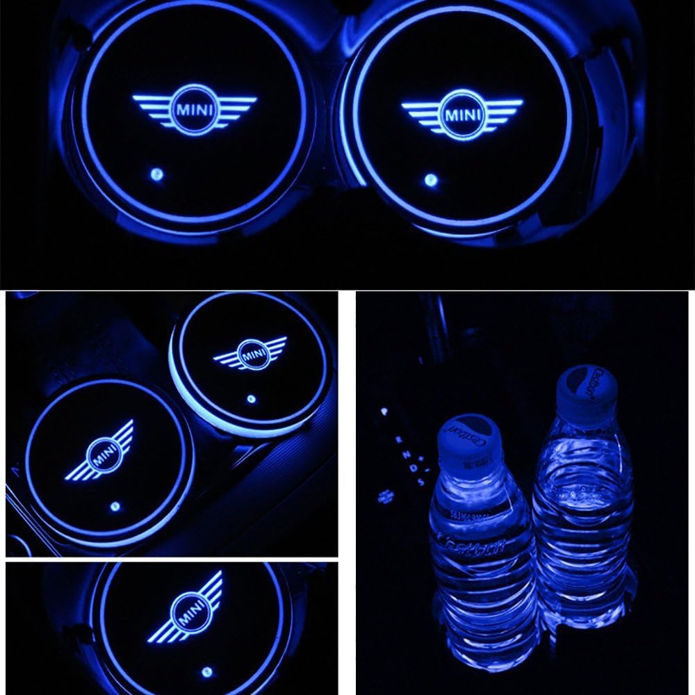JIanna LED Car Logo Cup Holder Pad 7 Colors Changing USB Charging Mat LED Cup Mat Car Atmosphere Lamp Decoration Lights 2PCS (Mini)