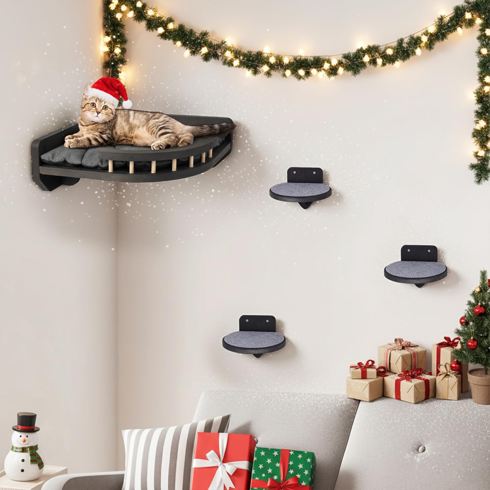 Kletterwand Katzen Set mit Katzenbett und Katzentreppe, Katzenmöbel aus Holz, Katzen Wandelemente Multifunktional zum Schlafen, Spielen und Klettern