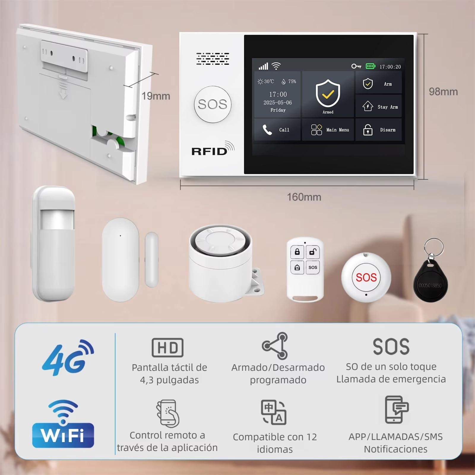 XUK Kit Alarma Casa WiFi+4G Sin Cuotas, con Pantalla Táctil de 4,3", Detector PIR, Sensor de Puerta/Ventana y Sirena de 120 dB, Sistema de Alarma para Casa Compatible con App y Alexa. (Lote de 21)