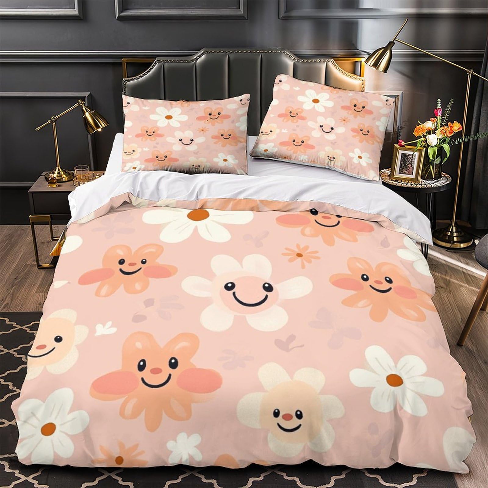 Housse de couette 3D fleurs 260x220cm en microfibre avec 2 taies d'oreiller pour lit Super King