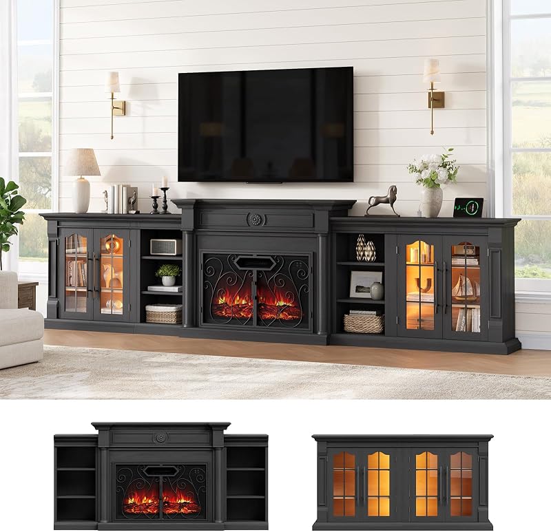 135" Modular Fireplace TV Stand, Scrollwork Iron Grill Doors, LED/Outlet