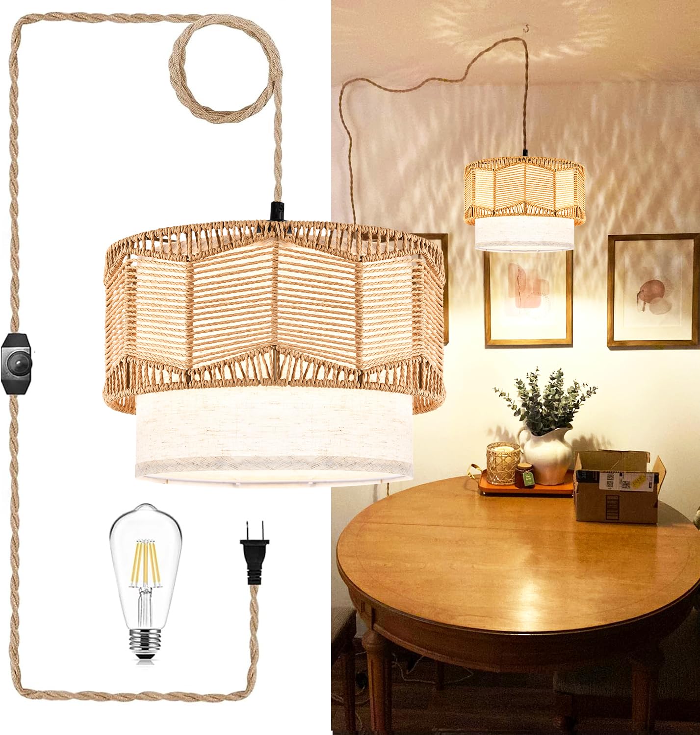 QIYIZM Plug in Pendant Light Hanging Lights with Plug in Cord Hanging Lamp Boho Rattan Dimmable Wicker Bamboo Woven Lamp Shade Hemp Rope Plug in Ceiling Light Fixture for Living Room Bedroom farmhouse