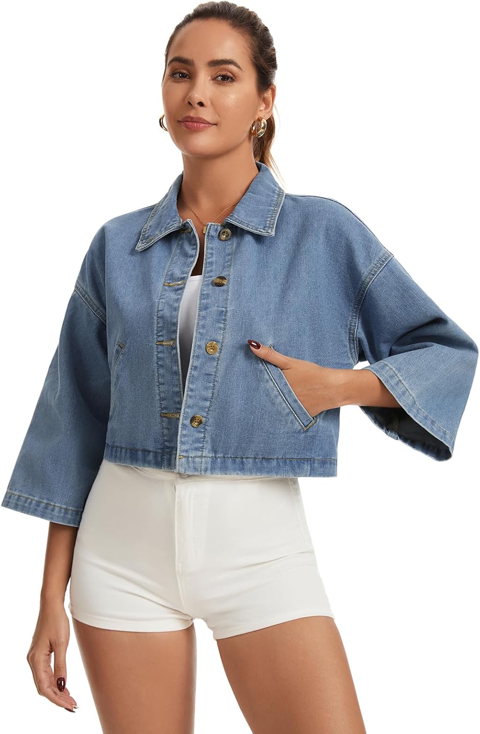 Womens Denim Jackets with 3/4 Sleeve Casual Button Down Jean Shirt, Shacket Loose Coat with Pockets - Image 2