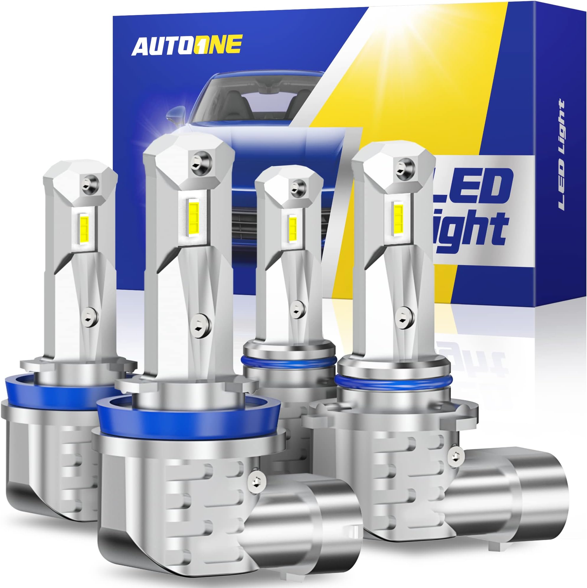 AUTOONE H11/H9/H8 9005/HB3 LED Bulbs Combo, 6000K White Fanless H11 9005 LED Lights Bulbs, Mini Size Plug and Play Car Light, Pack of 4