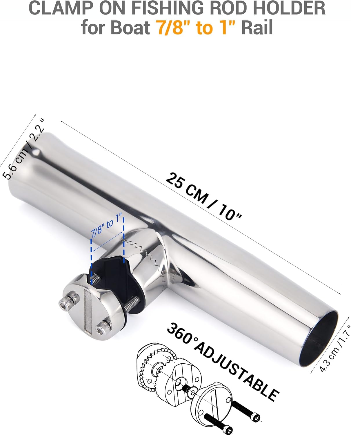 2PCS Boat Fishing Rod Holders, 316 Stainless Steel Rail Mount Rod Holders for Fishing Boat/Kayak, 360° Adjustable Clamp-On Design, Rust-Resistant with Rubber Insert