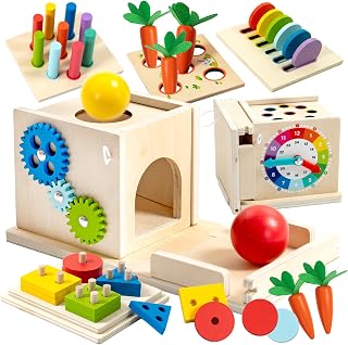 Nene Toys Montessori Spielzeug ab 1 Jahr – 7-in-1 Holz-Motorikwürfel | Baby-Motorikspielzeug aus FSC®-Holz – Steckspiel, Kugel-Einwurf, Zahnräder, Lernuhr & Karottenernte