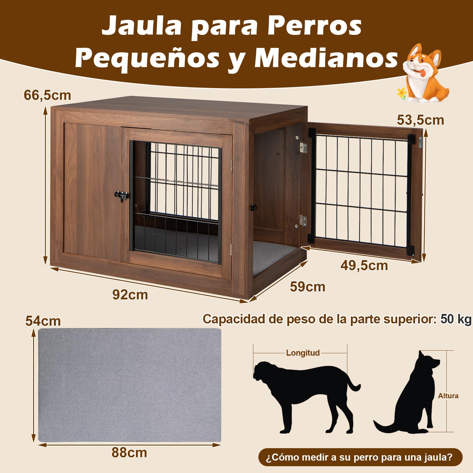 GOPLUS Jaula para Perro 2 en 1 con Cojín Cómodo y Doble Puerta, Casa de Jaula para Perros, Nicho Decorativo de Malla para Perros Pequeños y Medianos 92 x 59 x 66,5 cm, Marrón