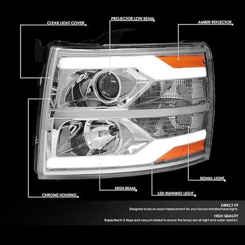 Miniatura 2 de DNA MOTORING HL-HPL-CSIL07-G2-CH-AM - Faro delantero de doble proyector LED DRL compatible con Chevy Silverado 2007-2014, cromo/ámbar