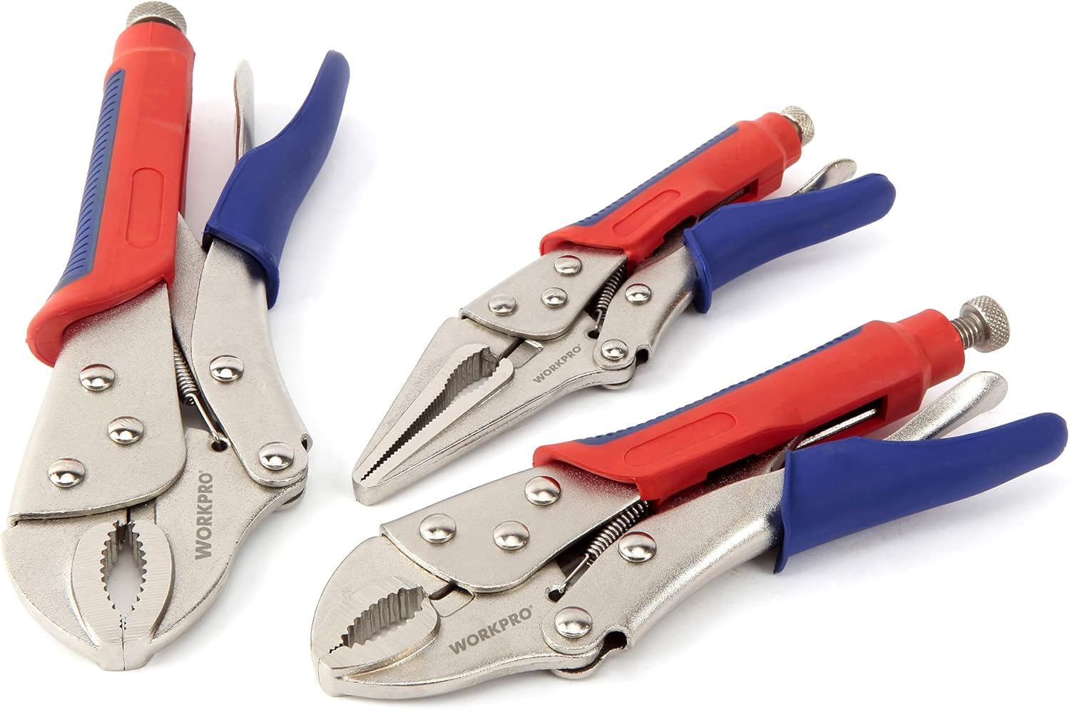 WORKPRO 3-piece Locking Pliers Set, 10-inch Curved Jaw, 7-inch Curved Jaw and 6-1/2-inch Straight Jaw - - 