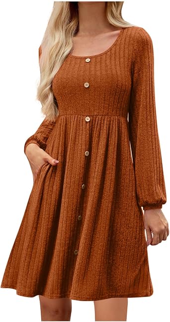 Womens Fall Sweater Dresses Scoop Neck Long Sleeve Button Decor Ribbed Knit Flowy A Line Knee Length Dress with Pockets