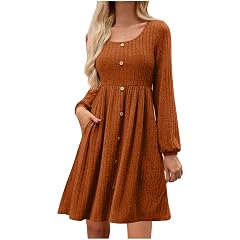 Womens Long Sleeve Midi Dress Fall Rib Knit Crew Neck A Line Soft Flowy Swing Dresses with Pocket