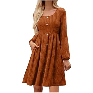 Womens Long Sleeve Midi Dress Fall Rib Knit Crew Neck A Line Soft Flowy Swing Dresses with Pocket