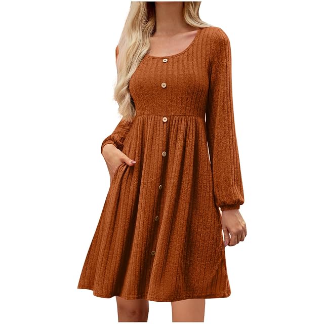 Womens Long Sleeve Midi Dress Fall Rib Knit Crew Neck A Line Soft Flowy Swing Dresses with Pocket