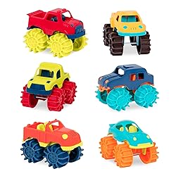 B. toys – Plastic Toy Cars – 6 – Pack & Storage Bag – Colorful Toddler Trucks – Easy To Clean – 2+ Years – Mini Monster Trucks