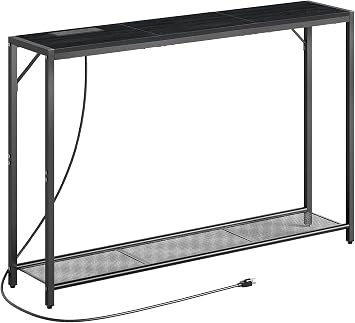 MAHANCRIS 43.7" Console Table with Outlet, Narrow Sofa Table with Shelf | 2 Tier Behind Couch Table, Charging Station, Steel Frame, for Entryway, Living Room, Foyer, Hallway, ofice, Black CTHB11E01N1