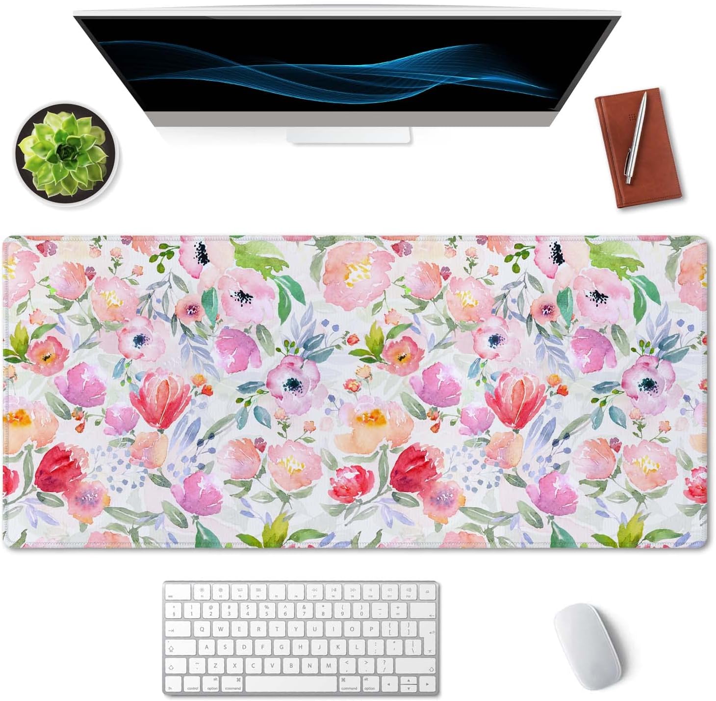 SSOIU Extended Gaming Mouse Pad (35.5x15.7 in), Large Stable Rubber Base Mousepad with Stitched Edges, Keyboard Mouse Mat Desk Pad for Work, Game, Office, Home - Watercolor Floral Botanical Pattern image 3