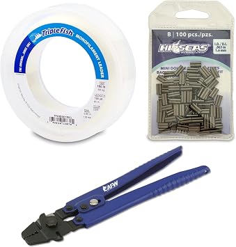 Triple Fish Fishing Bundle 150 lb Monofilament Leader 100 yd, 100 Hi-Seas Mini Double Barrel Copper Crimp Sleeves 1.6 mm ID, and Econo Crimping Pliers Blue/Black
