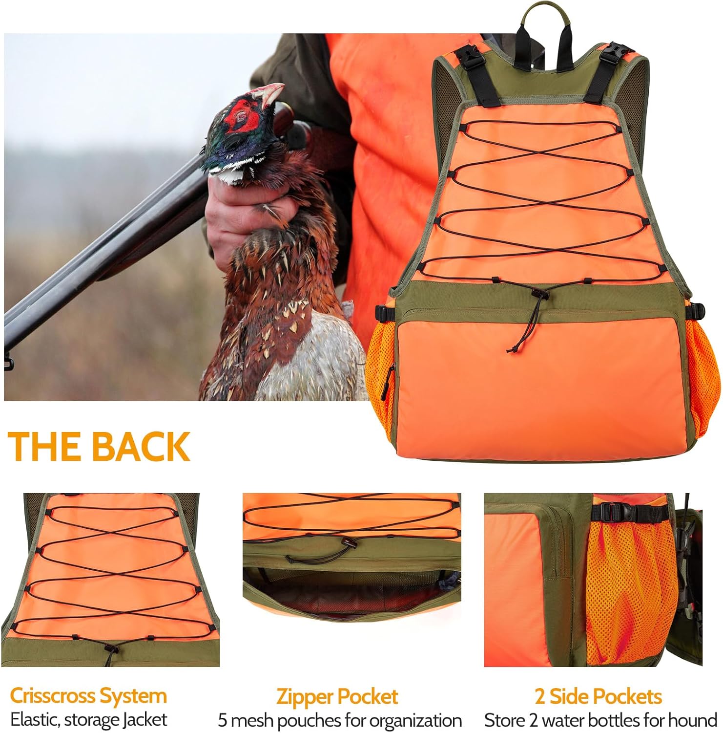 NEW VIEW Upland Hunting Vest for Men - Blaze Orange, Pheasant Hunting Backpack for Bird, Upland Strap Bag with Game Pouch for Quail Hunting