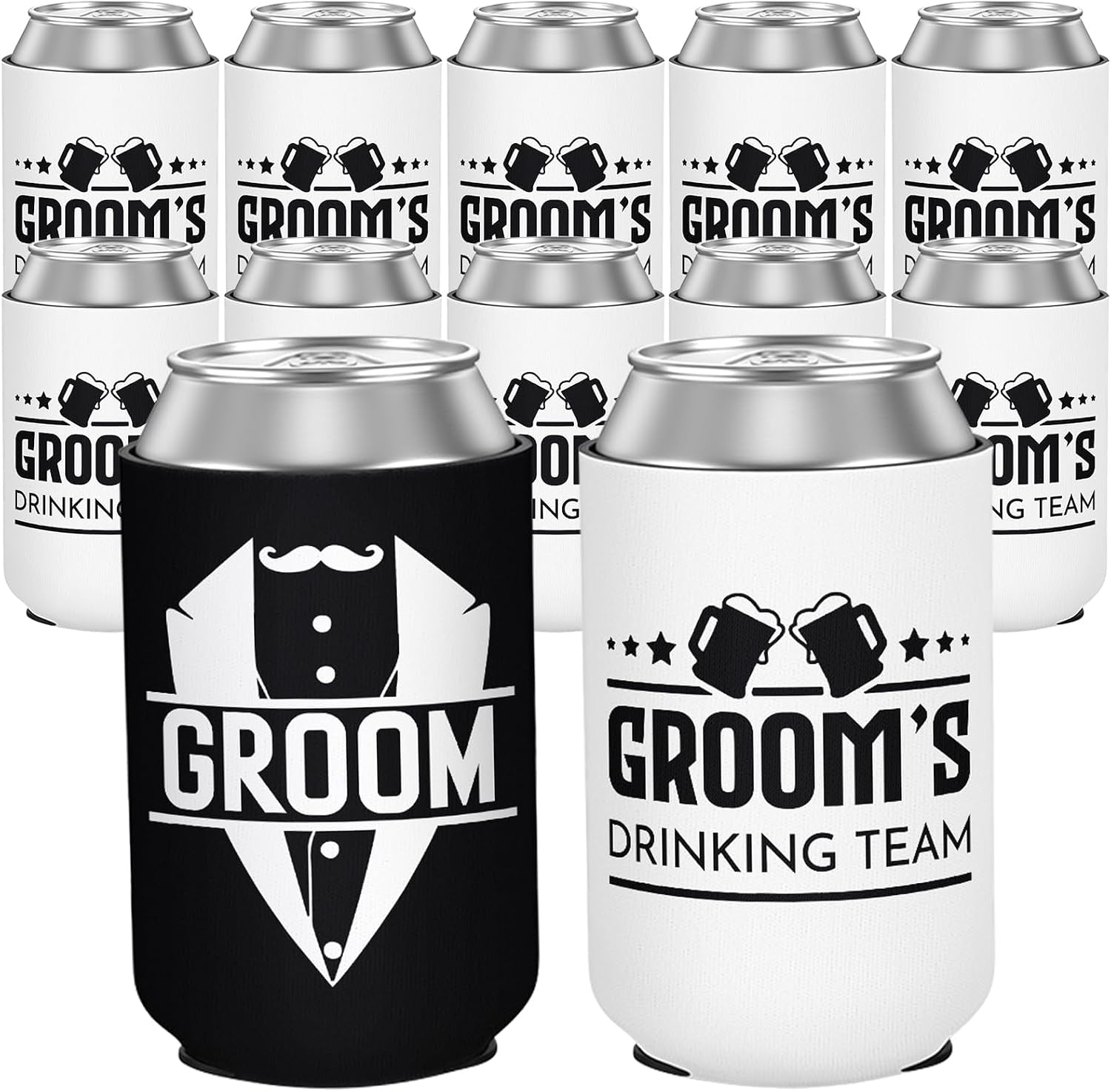 12 Pack Bachelor Party Can Cooler Sleeves, Black & White Groom's Drinking Team Insulated Neoprene Drink Sleeves, Perfect Groomsman Gifts Favors for Bachelor Party Proposal Wedding, 12 oz Standard