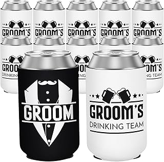 12 Pack Bachelor Party Can Cooler Sleeves, Black & White Groom's Drinking Team Insulated Neoprene Drink Sleeves, Perfect Groomsman Gifts Favors for Bachelor Party Proposal Wedding, 12 oz Standard