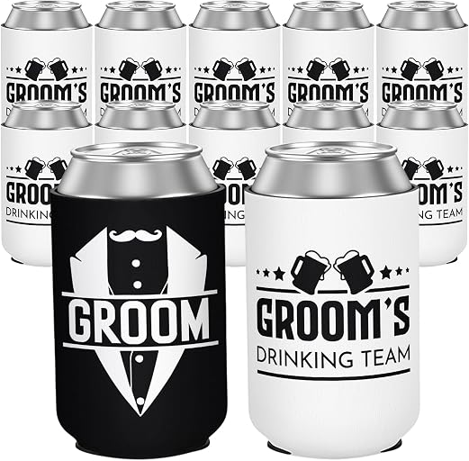 12 Pack Bachelor Party Can Cooler Sleeves, Black & White Groom's Drinking Team Insulated Neoprene Drink Sleeves, Perfect Groomsman Gifts Favors for Bachelor Party Proposal Wedding, 12 oz Standard (ASIN B0GCC92NLK), rank #10 by monthly sales volume for 'Custom Koozies' on Amazon