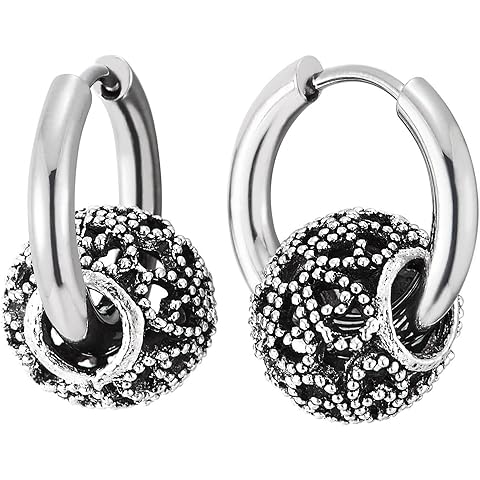 Womens Stainless Steel Hoop Earrings with Antique Beaded Orb Charm Gothic Punk Retro Drop Earrings