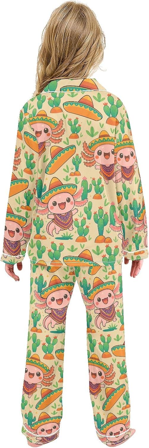 Kids Casual Satin Wear Set Salamander Cactus Pattern Unisex Relaxed Fit Clothing