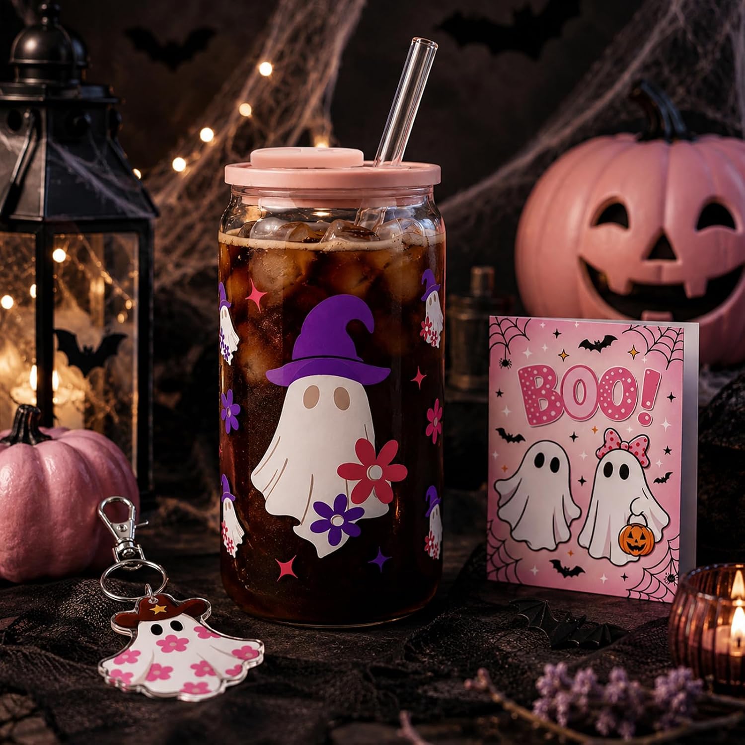 Halloween Glass Cup, 16OZ Iced Coffee Tumbler with Keychain and Card, Pink image 4