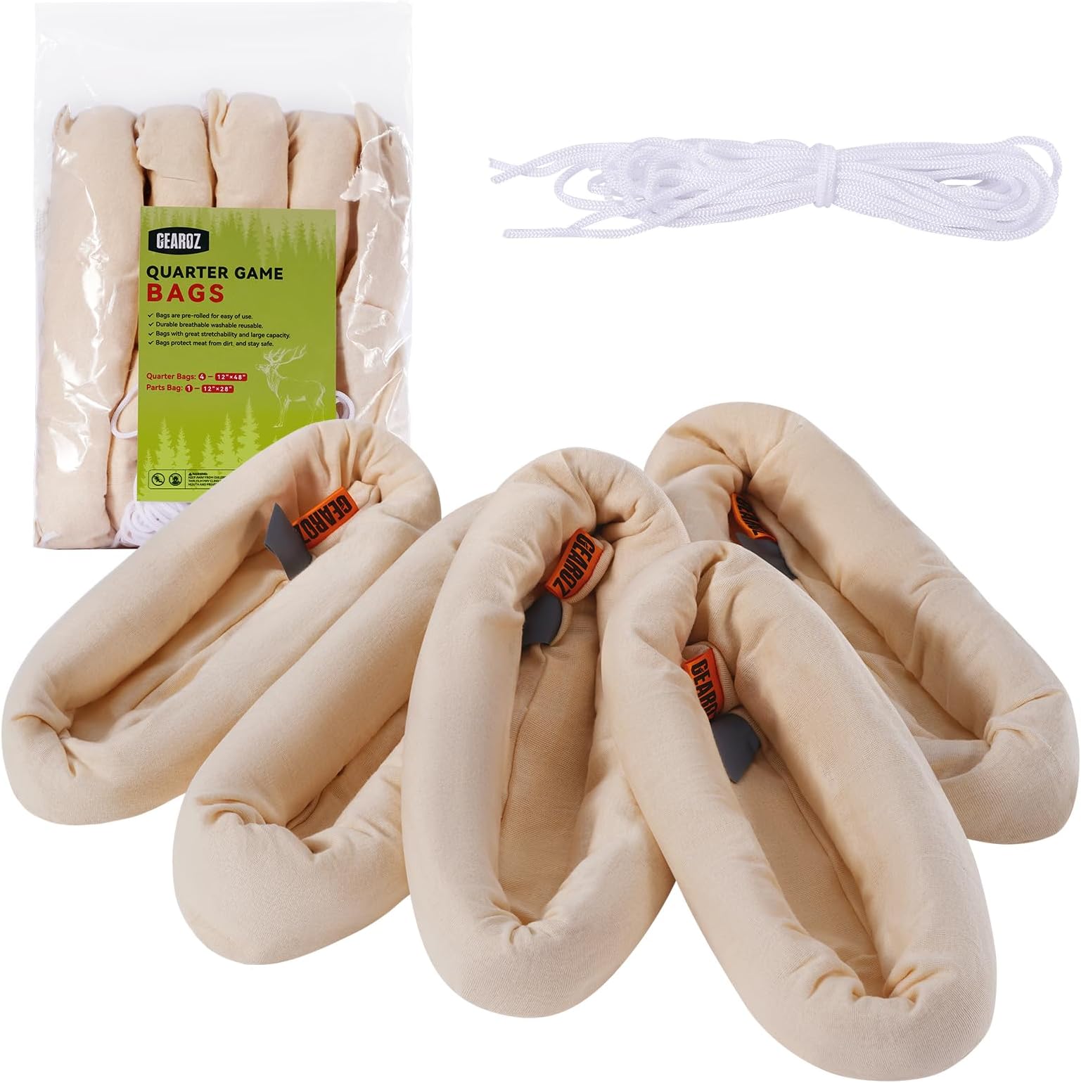 GearOZ Elk Game Bags Hunting Meat Bag 5-Pack Reusable Rolled Heavy Duty Quarter Bags, Durable Hunters' Game Bags Large Enough for Elk/Caribou/Deer/Moose, 48" x4, 28" x1