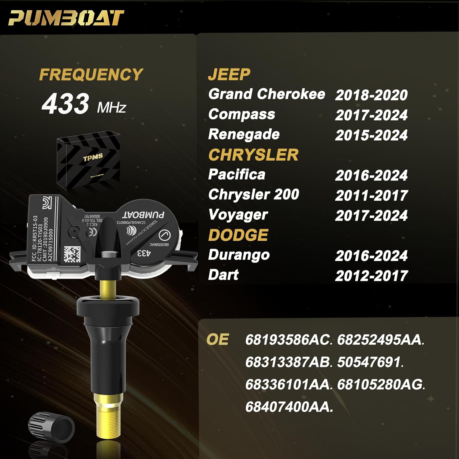 TPMS Chrysler 433Mhz Pre-Programmed Tire Sensor Compatible with Jeep Grand Cherokee(18-20)|Renegade(15-24)➥Chrysler 200(11-17)|Pacifica(16-24)➥Dodge Durango(16-24)/OE#68193586AC(Set of 4)