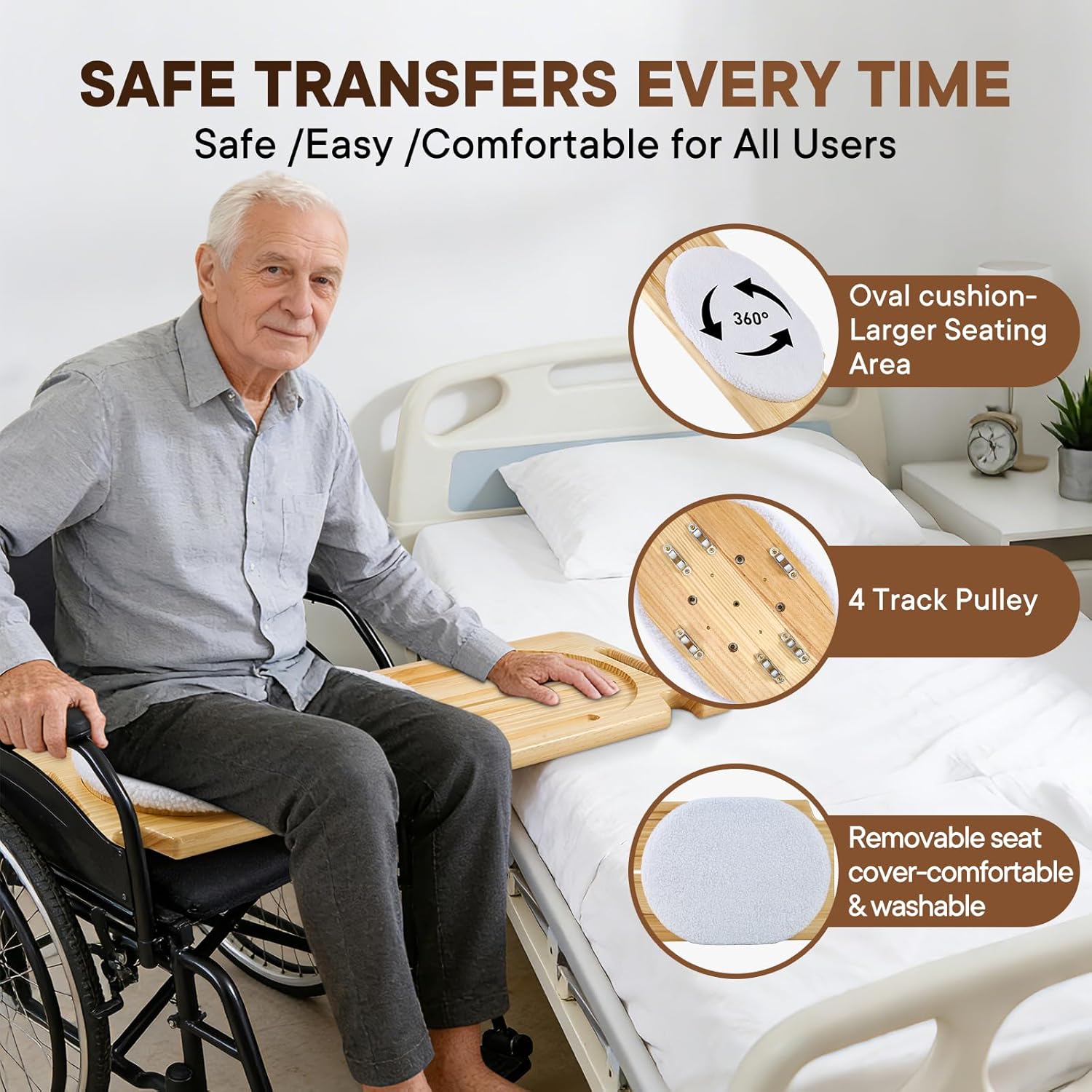 NEDVI Wooden Slide Transfer Board with Track Pulley Turntable – 500lb Weight Capacity for Seniors, Handicap, and Patient Wheelchair Transfers to Car,Bed,Toilet, Tub – Move Assist（31x11x1”)