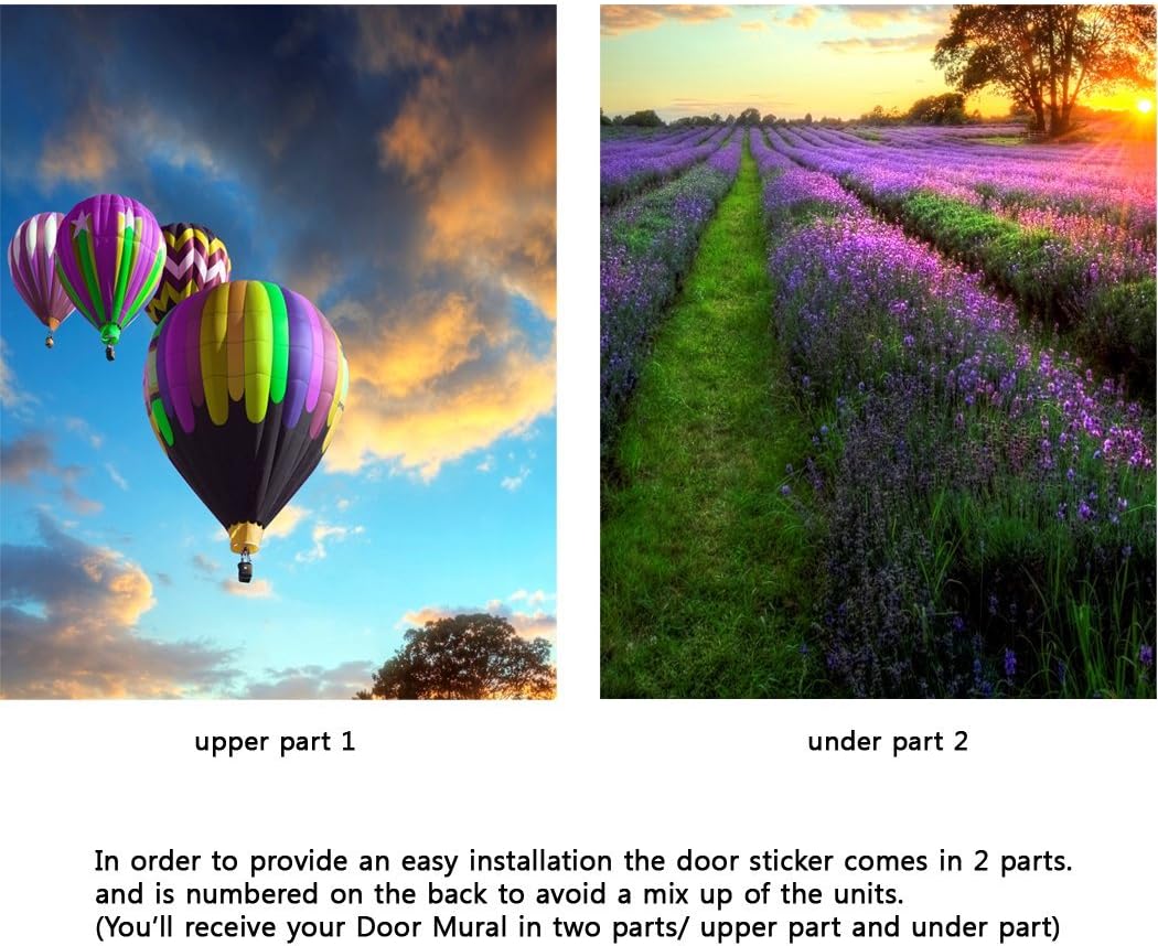 Door Wall Sticker Lavender Fields with hot air Balloons - Peel & Stick Repositionable Fabric Door Mural