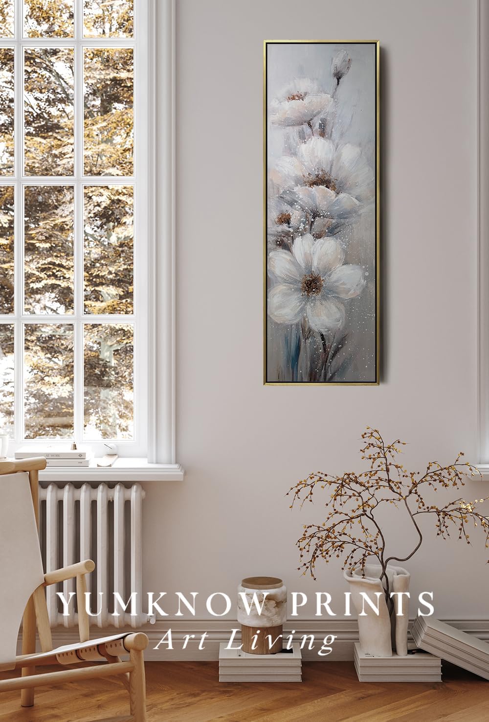 Modern White Flower Framed Canvas Wall Art, 13.5x40 Long Narrow Blue Floral Painting Wall Decor, Farmhouse Vertical Botanical Plant Wall Pictures for Office Bedroom Living Room Bathroom Kitchen