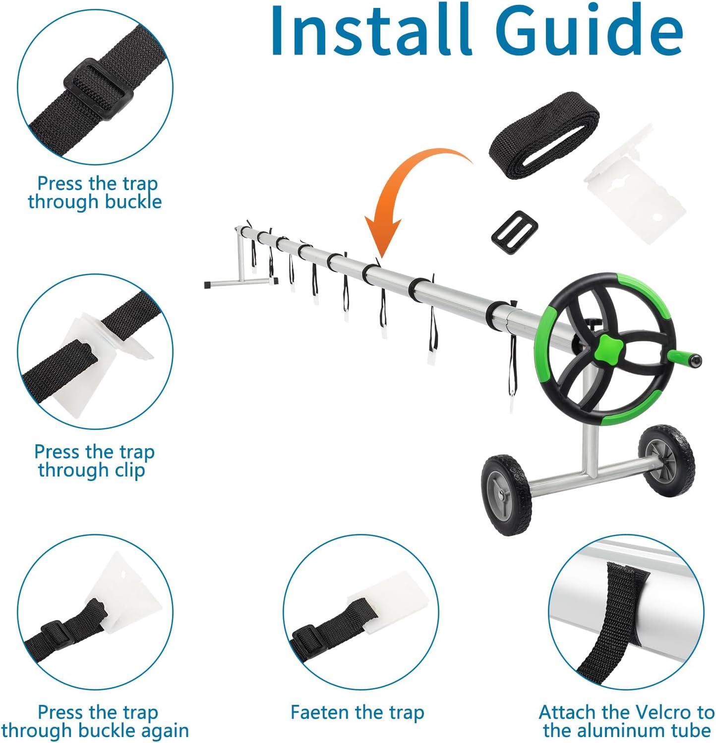 21ft Aluminum Disc Version Aluminum Tube Five Sections Pool Cover Reel Green Portable and Practical, Easy to Use, Stable Wheel Design, Ideal for Swimming Pool Use Load-Bearing 132lbs