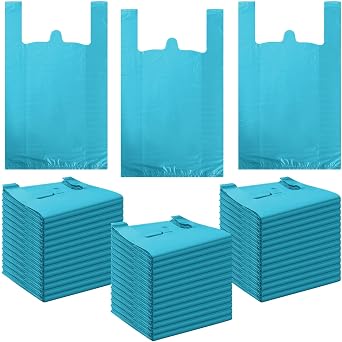 Dunzoom 300 Pcs T Shirt Bags Bulk Plastic Shopping Grocery Retail Bags with Handles 12 x 20 Inch for Small Business, Supermarket, Restaurant Cyan