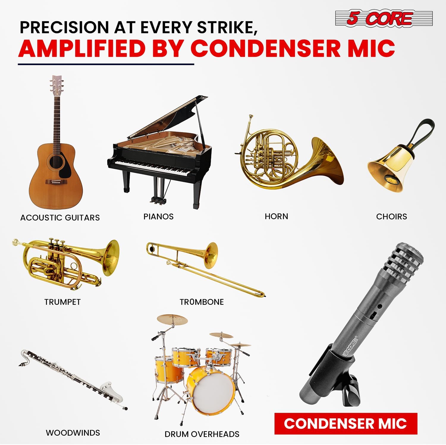 5 CORE Professional Instrument Microphone Pencil Mic Condenser Cardioid Unidirectional Stick Microfono + Windscreen Mic Clip Case - INSTRU MIC 100GREY