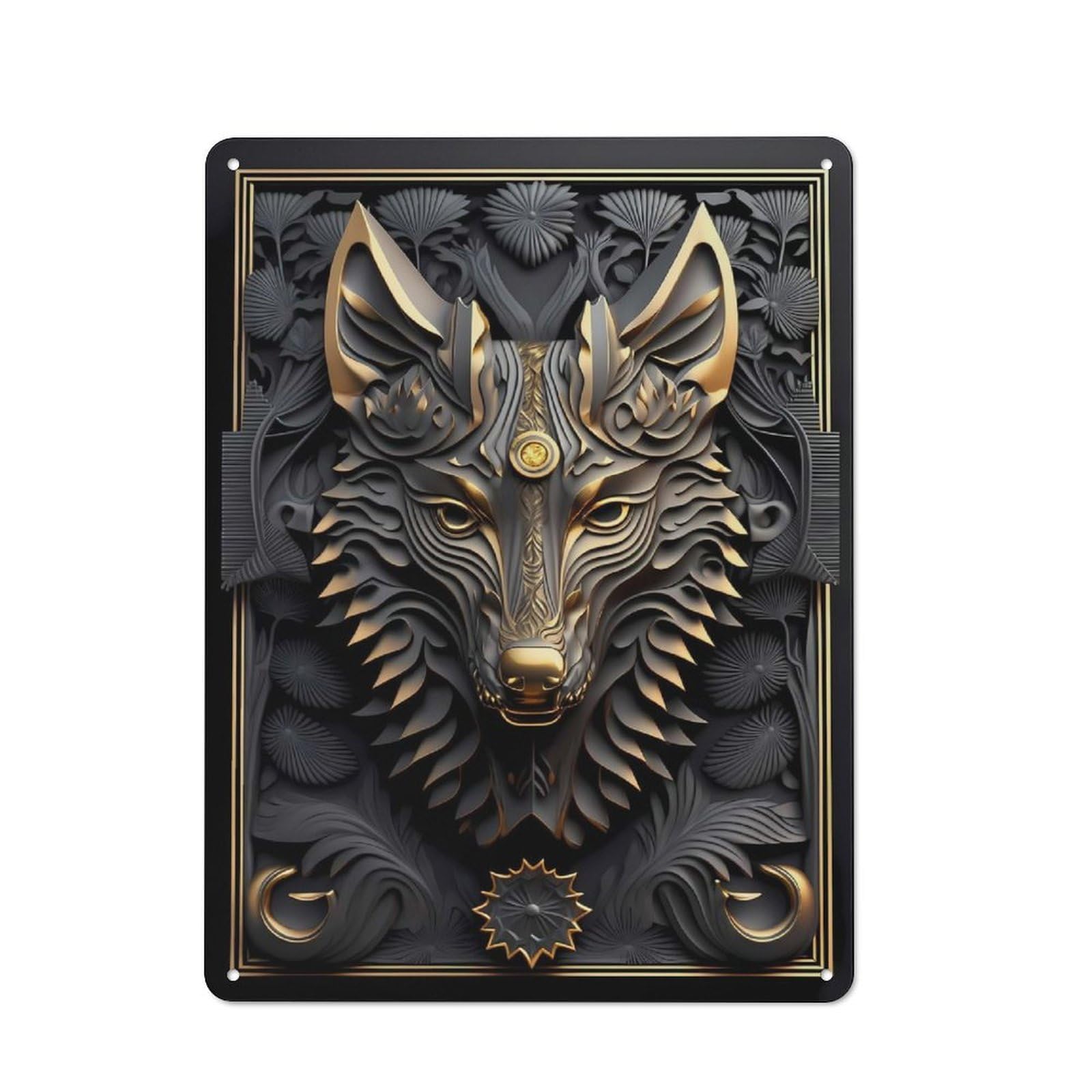 Metal Plaque with Golden Elegance Wolf Design 40x30cm, Country Style Cafe Wall Decor for Bakery, Diner, Cafe Or Family Room