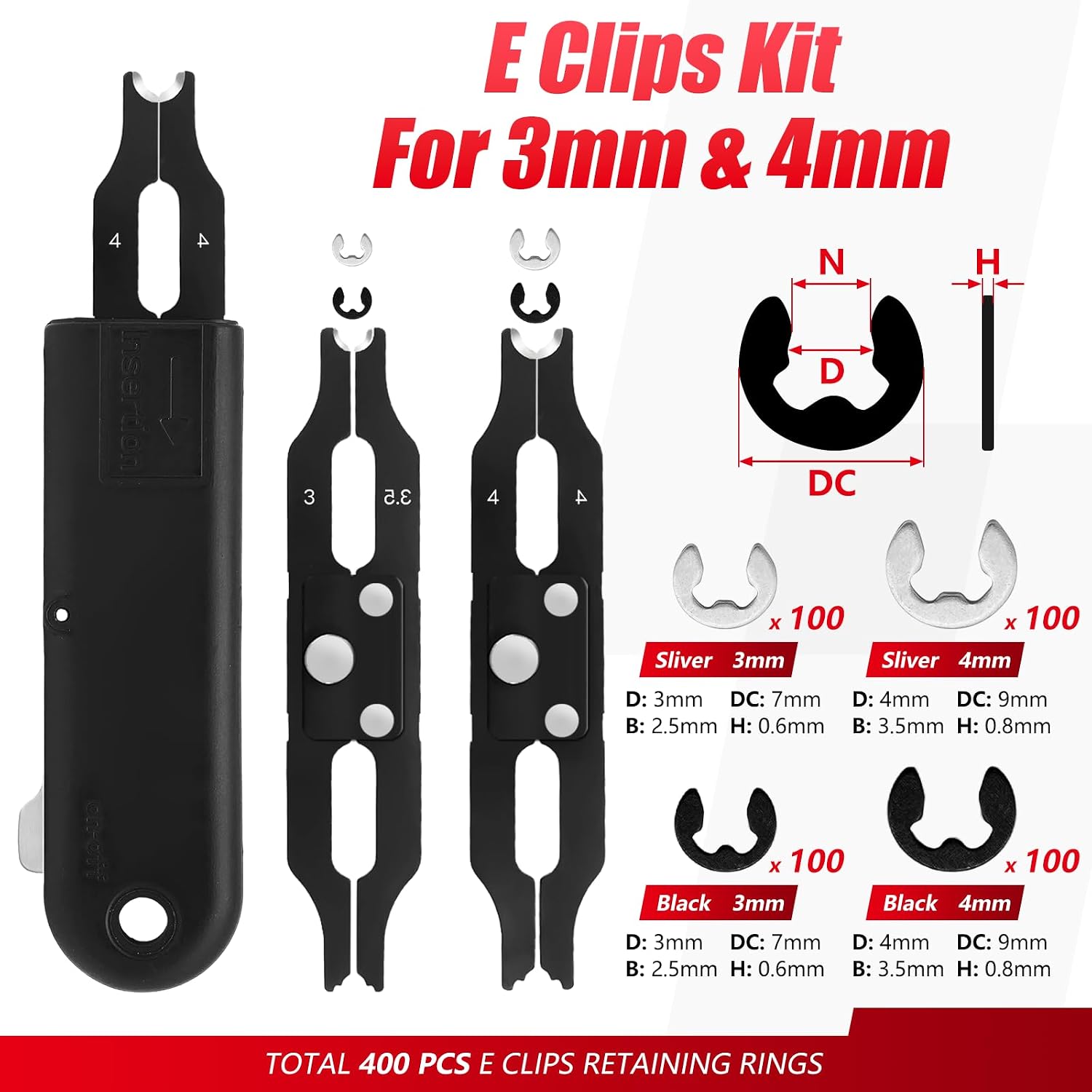 3mm & 4mm E Clips Assortment Kit - E Clip Installation & Removal Tool Kit