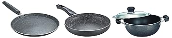 Prestige Omega Deluxe Granite Dosa Tawa, 28 cm&Prestige Aluminium Omega Deluxe Granite Fry Pan, 24 cm&Prestige Aluminium Omega Select Plus Non-Stick Flat Base Kadhai with Lid, 20cm, 2.2 Liters