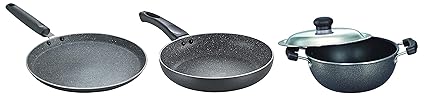 Prestige Omega Deluxe Granite Dosa Tawa, 28 cm&Prestige Aluminium Omega Deluxe Granite Fry Pan, 24 cm&Prestige Aluminium Omega Select Plus Non-Stick Flat Base Kadhai with Lid, 20cm, 2.2 Liters