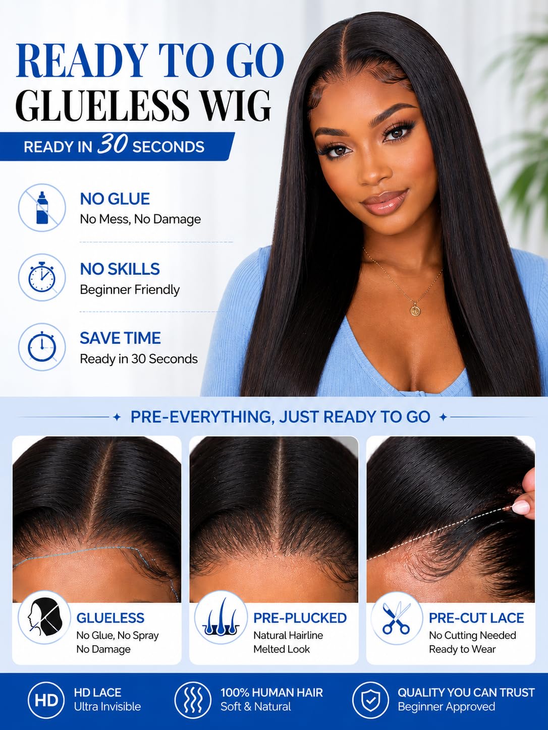 Nadula Bye Bye Slip Yaki Straight Drawstring Wig Human Hair with Flexible Mesh Cap, Pre Cut 7x5 Bye Bye Knots No Slip Wig Pre Plucked Bleached Knots Light Kinky Straight Wig Reday to Go 18inch