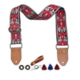 Farcaya Guitar Strap Embroidered Weave Flower Adjustable Shoulder Strap with 2Strap Lock Button 3Picks Headstock Strap Tie for Acoustic Electric Bass(Red+Grey)