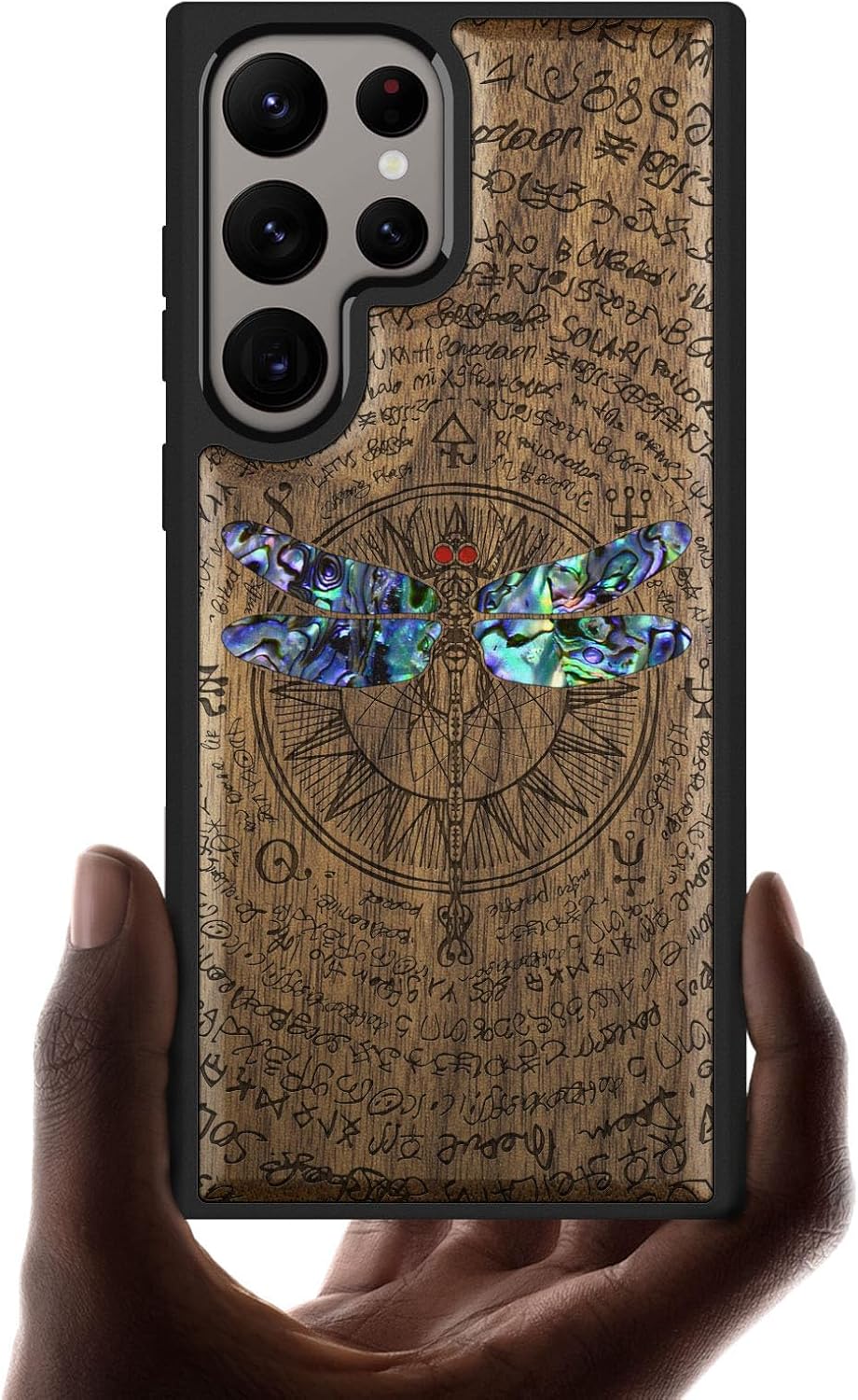 Carveit Designer Wooden Case for Samsung Galaxy S24 Ultra Case [Wood Engraving & Shell Inlay] Compatible with Wireless Chargers S24 Ultra Cover (Japanese Oni Mask-Rosy)