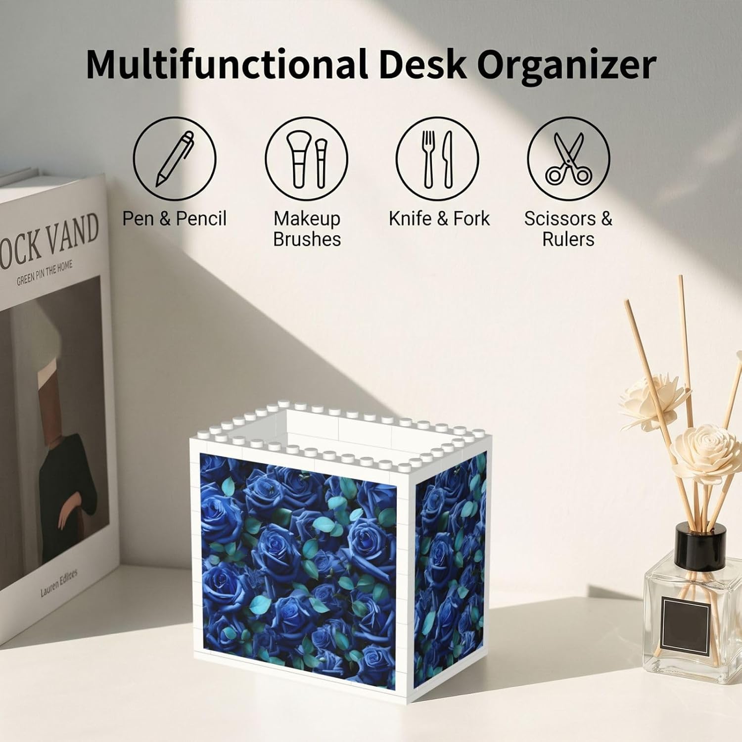 Many Blue Roses Print Uv Print Block Pencil Cup, Detachable Creative Block Desk Organizer Office Abs Pen Holder image 5